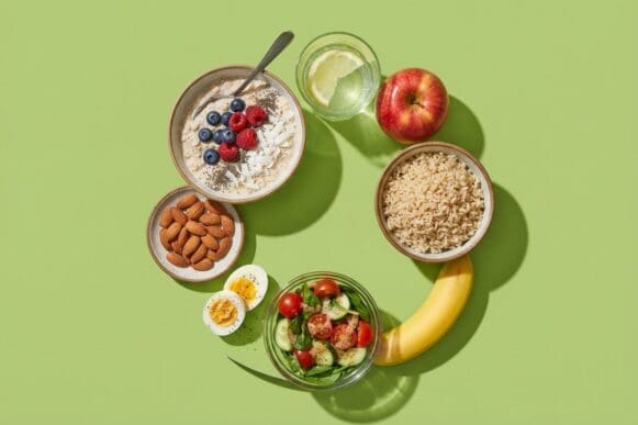 Alimentos de uma rotina alimentar equilibrada — aveia, água com limão, maçã, amêndoas, ovo, salada e arroz integral — sobre fundo verde-limão