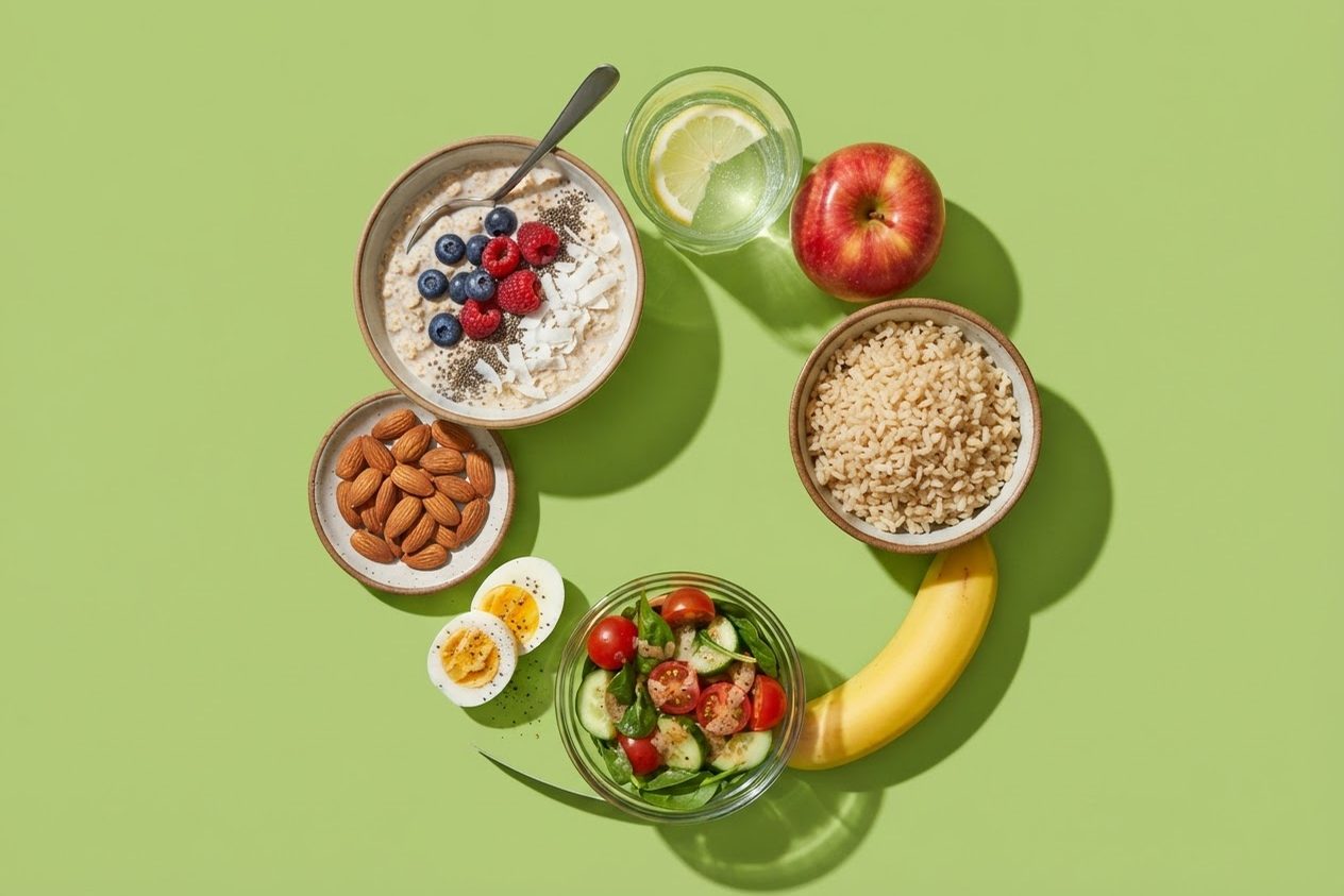 Alimentos de uma rotina alimentar equilibrada — aveia, água com limão, maçã, amêndoas, ovo, salada e arroz integral — sobre fundo verde-limão