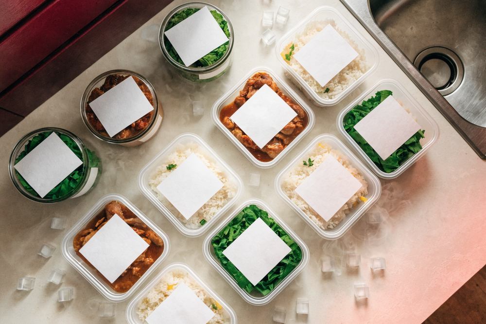 potes rasos com refeições porcionadas e legumes prontos para congelar em bancada de cozinha