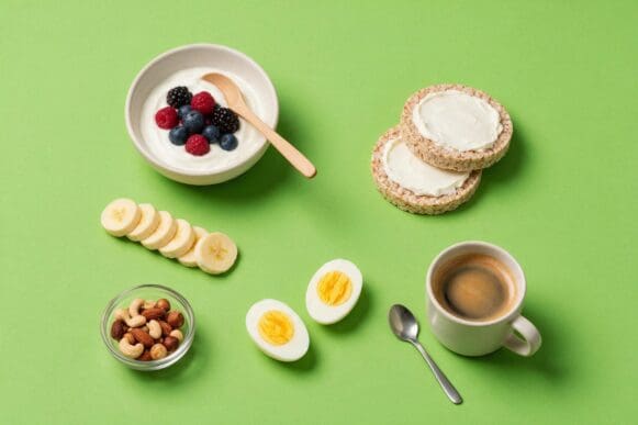 Lanche da tarde com iogurte e frutas vermelhas, bolachas de arroz com queijo branco, banana, castanhas, ovos cozidos e café sobre fundo rosa