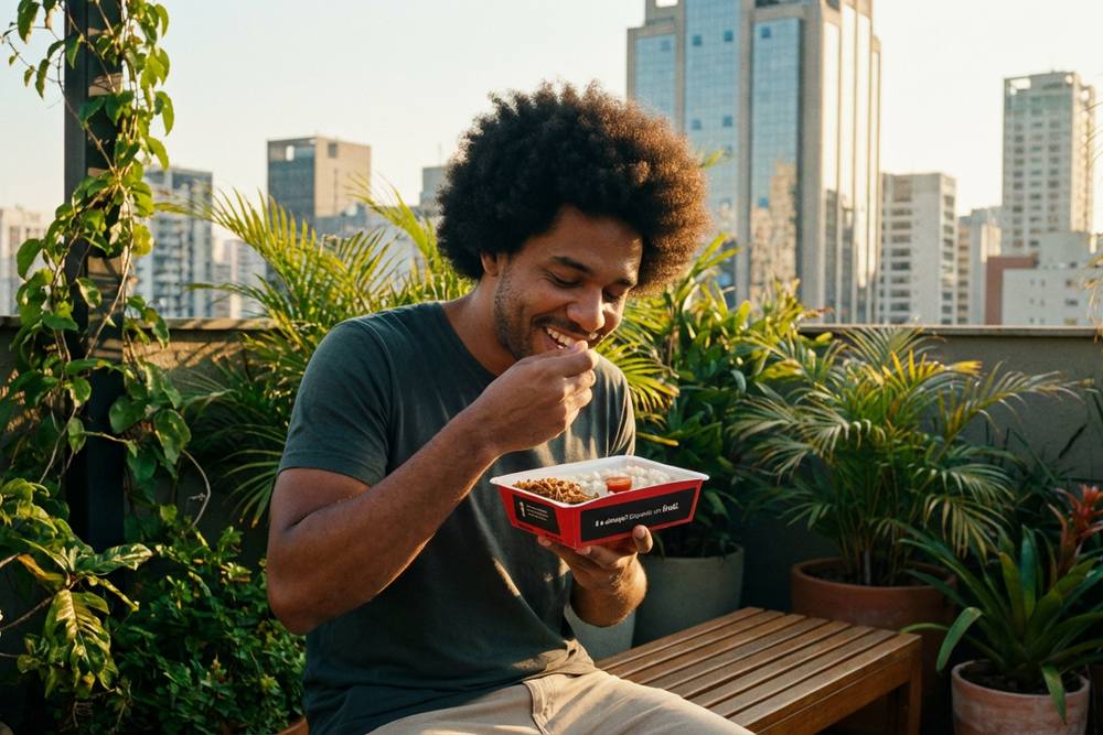 Homem almoçando uma marmita Frutifica na varanda, entre plantas e com vista da cidade