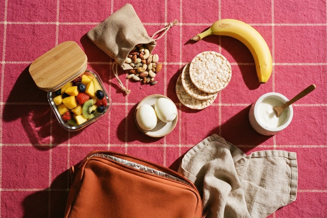 Lanches para levar na viagem — frutas picadas, castanhas, ovos cozidos, bolacha de arroz e iogurte — sobre toalha rosa