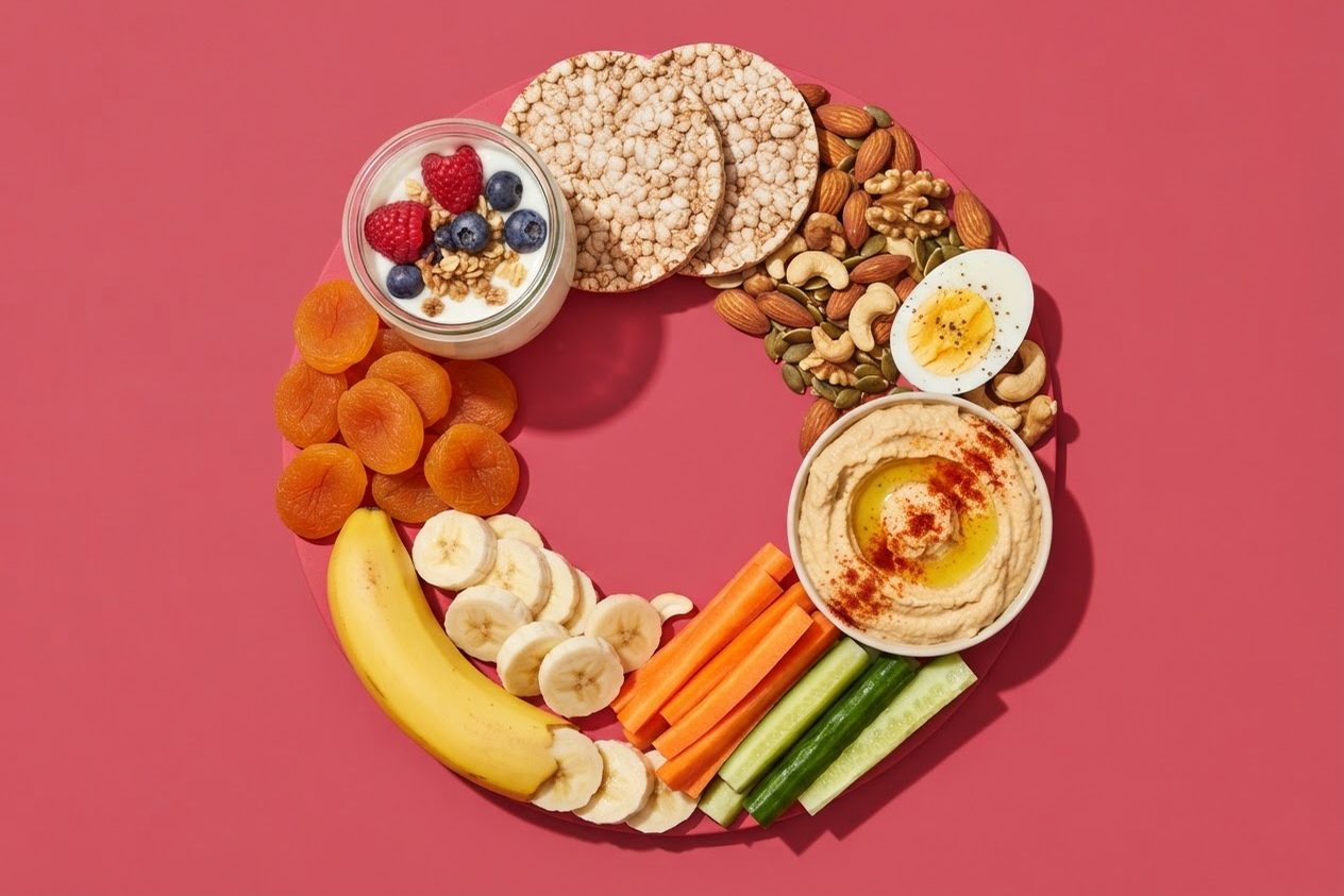 Lanches saudáveis — iogurte com frutas vermelhas, bolacha de arroz, castanhas, ovo cozido, palitos de cenoura e pepino com homus e banana — sobre fundo rosa