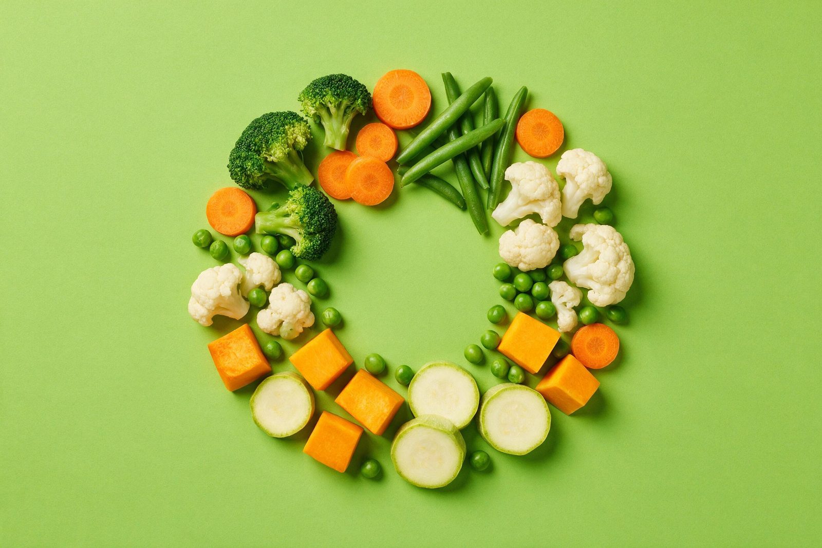 Legumes próprios para congelar — brócolis, cenoura, vagem, couve-flor, ervilha, abóbora e abobrinha — em círculo sobre fundo verde-limão