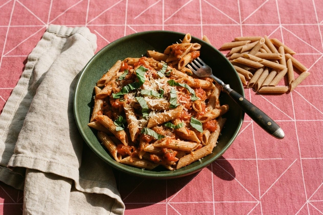 Tigela verde de macarrão integral ao sugo com manjericão e queijo ralado ao lado de penne cru, sobre toalha rosa