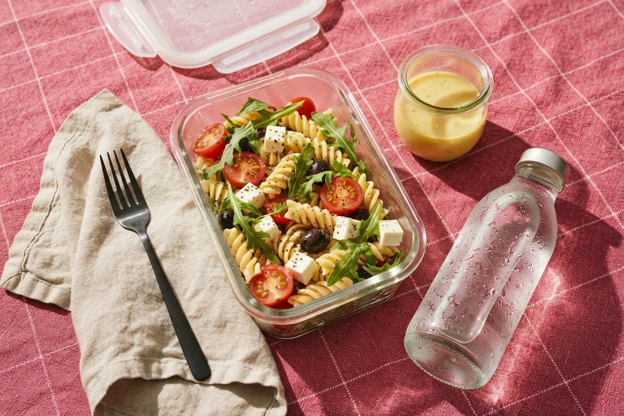 Marmita fria com salada de macarrão, tomate-cereja e queijo branco ao lado de uma garrafa gelada, sobre toalha rosa