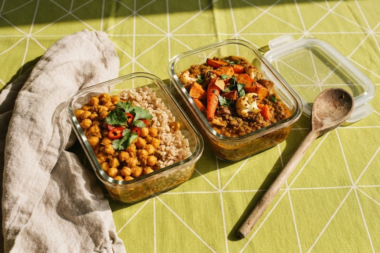 Dois potes de vidro com marmitas vegetarianas de grão-de-bico com arroz e ensopado de lentilha, sobre toalha verde-limão