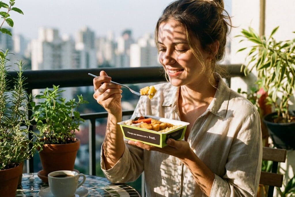 Mulher almoçando uma marmita Frutifica na varanda, entre plantas e com vista da cidade