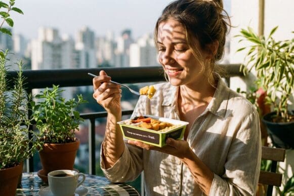 Mulher almoçando uma marmita Frutifica na varanda, entre plantas e com vista da cidade