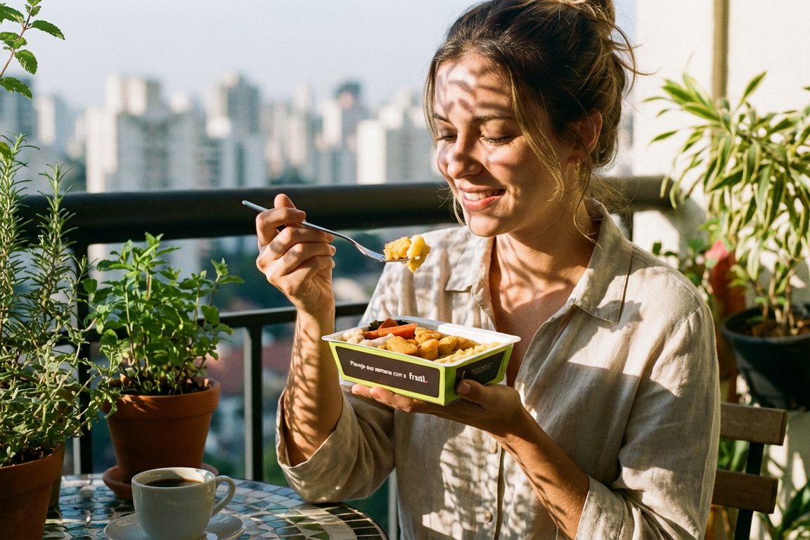 Mulher almoçando uma marmita Frutifica na varanda, entre plantas e com vista da cidade