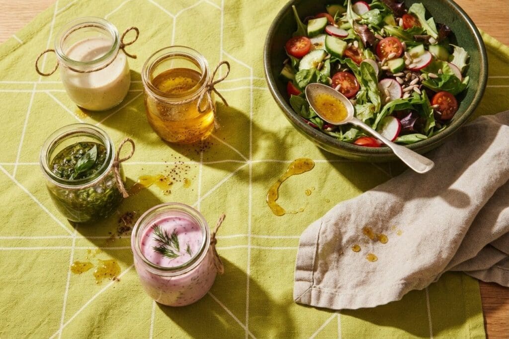 Quatro molhos caseiros para salada em potes de vidro ao lado de uma tigela de folhas verdes, sobre toalha verde-limão