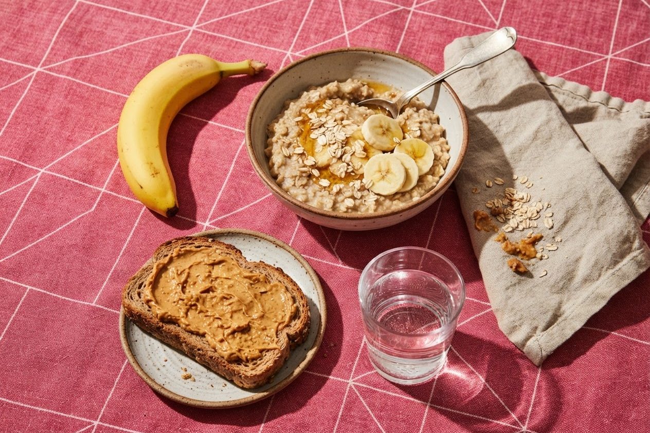 Lanche pré-treino com banana, aveia com mel e pão integral com pasta de amendoim, sobre toalha rosa