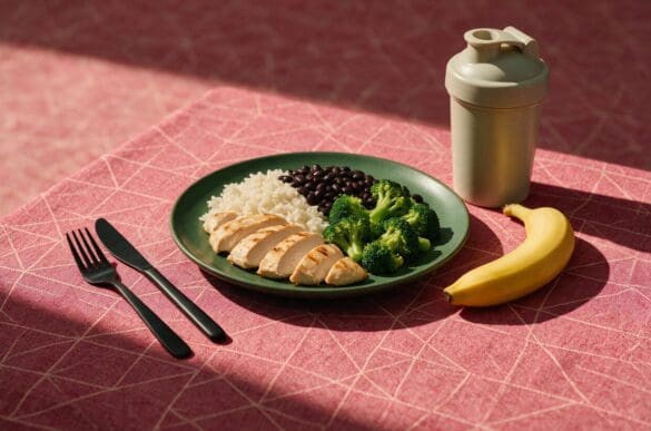 Prato verde com frango grelhado, arroz, feijão preto e brócolis ao lado de coqueteleira e banana sobre toalha rosa