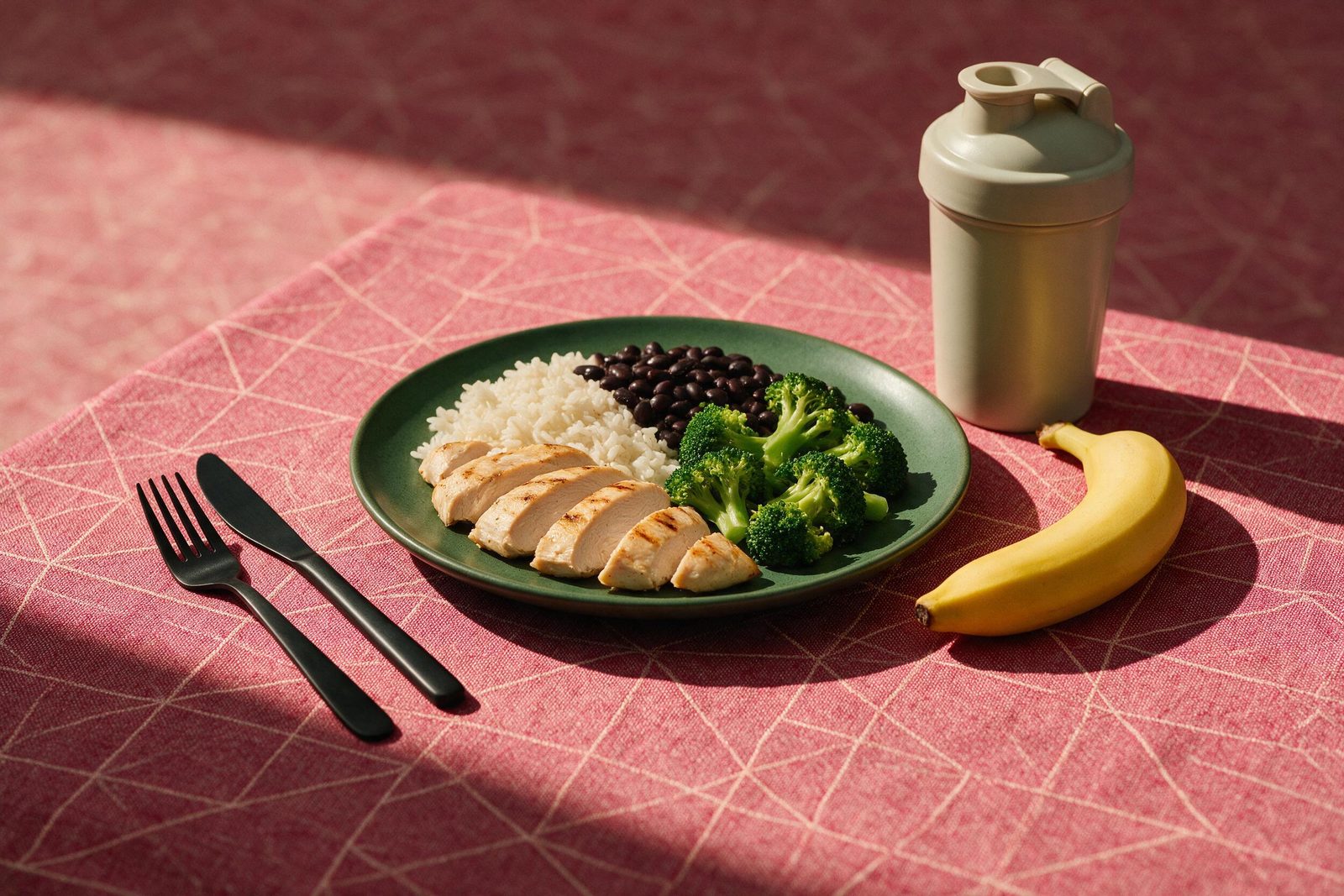 Prato verde com frango grelhado, arroz, feijão preto e brócolis ao lado de coqueteleira e banana sobre toalha rosa