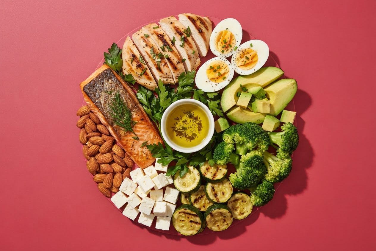 Alimentos da dieta low carb — frango, salmão, ovos, abacate, brócolis, abobrinha e queijo — sobre fundo rosa