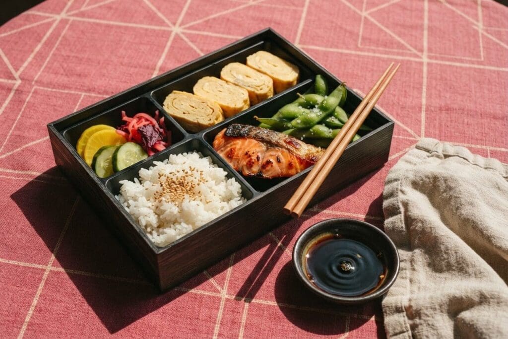 Bentô com arroz, salmão grelhado, omelete tamagoyaki, edamame e conservas, com hashi apoiado, sobre toalha rosa