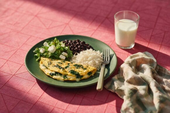 Prato ovolactovegetariano com omelete de queijo e espinafre, arroz, feijão preto e salada, ao lado de um copo de leite, sobre toalha rosa