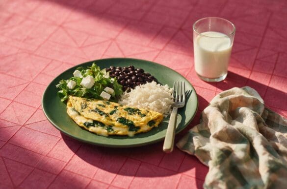 Prato ovolactovegetariano com omelete de queijo e espinafre, arroz, feijão preto e salada, ao lado de um copo de leite, sobre toalha rosa