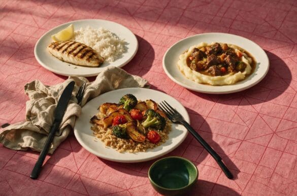 Três pratos brancos com refeições diferentes — peixe com arroz, carne com purê e legumes assados com quinoa — sobre toalha rosa da Frutifica