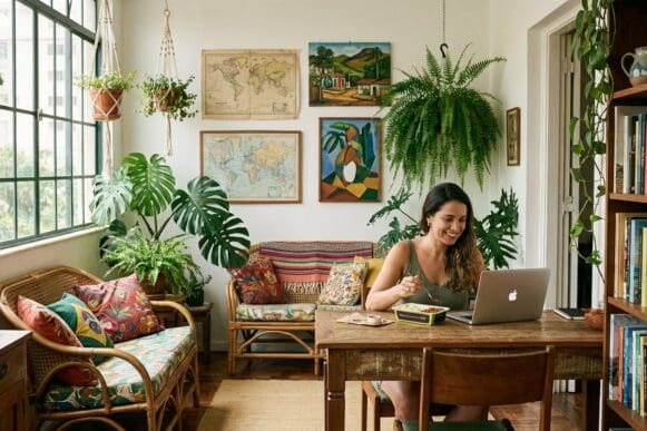 Mulher trabalhando no notebook em home office com plantas e uma marmita Frutifica ao lado