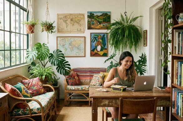 Mulher trabalhando no notebook em home office com plantas e uma marmita Frutifica ao lado