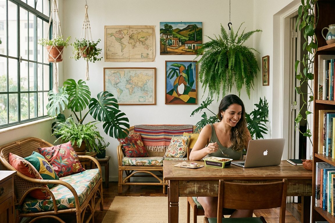 Mulher trabalhando no notebook em home office com plantas e uma marmita Frutifica ao lado
