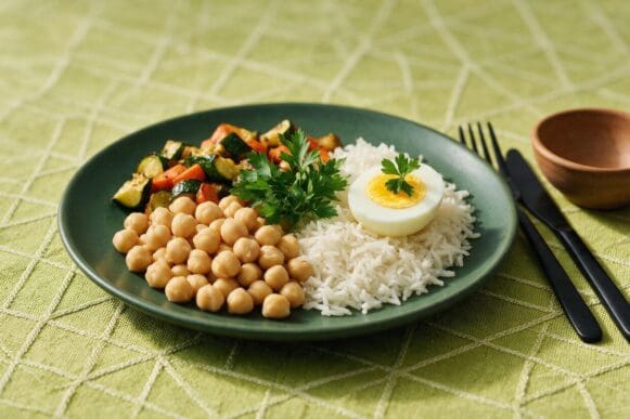Prato verde com grão-de-bico, legumes assados, arroz e ovo cozido sobre toalha verde-limão