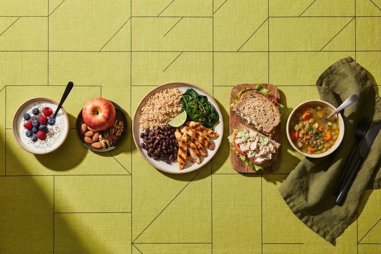 As refeições do dia dispostas em cinco pratos: iogurte com frutas, fruta com castanhas, almoço completo, sanduíche e sopa, sobre toalha verde-limão