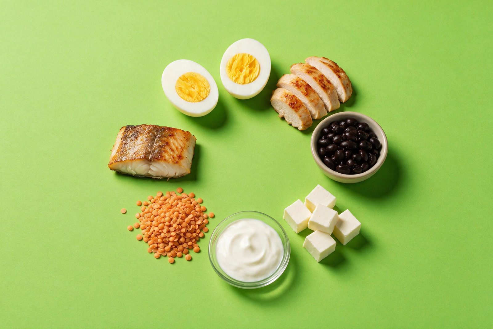 Fontes de proteína em porções — ovos cozidos, frango grelhado, feijão preto, queijo branco, iogurte, peixe e lentilha — sobre fundo rosa