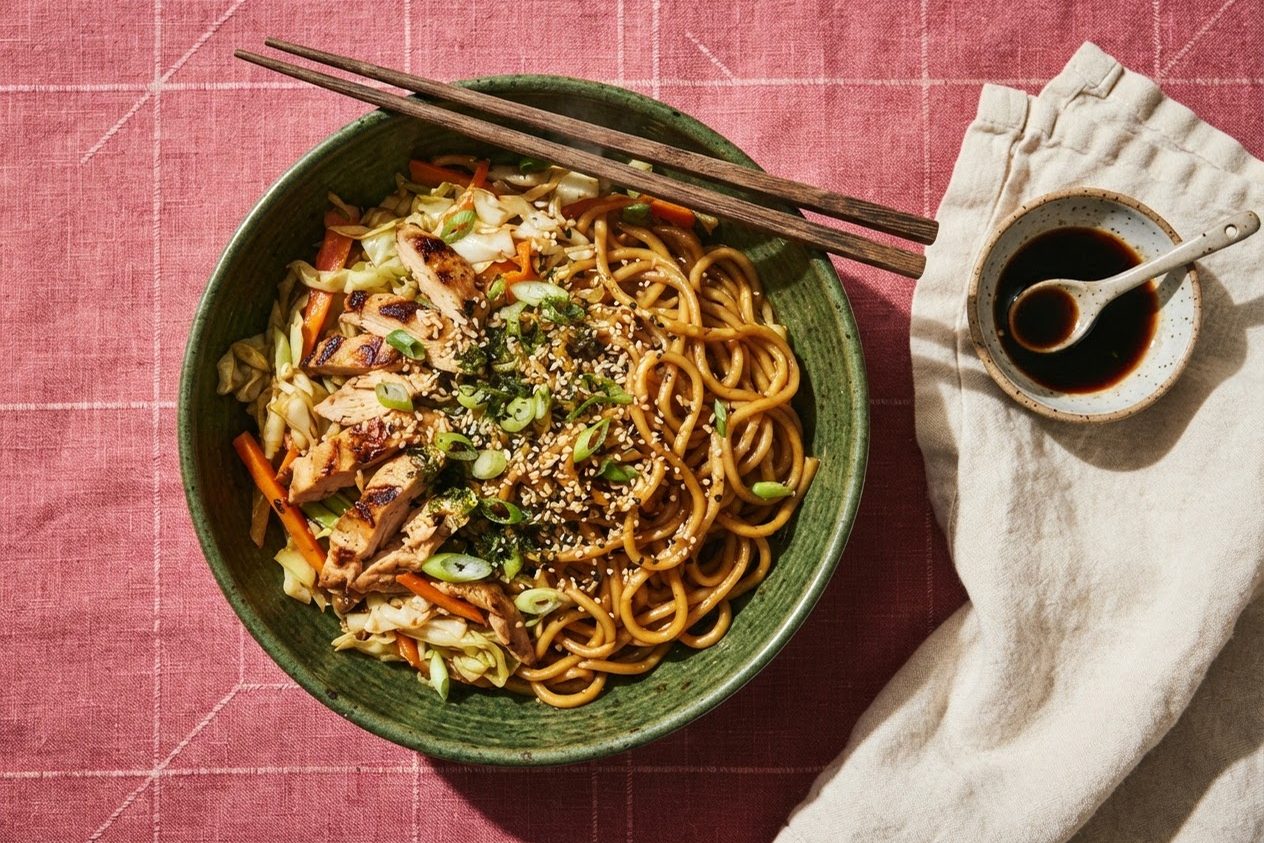 Tigela verde de yakissoba de frango com repolho, cenoura e gergelim, com hashi apoiado, sobre toalha rosa
