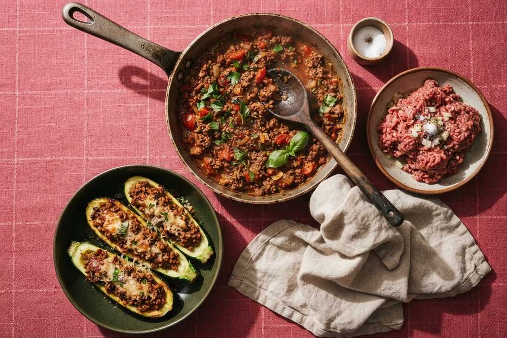 Receitas com carne moída — refogado na frigideira, abobrinha recheada e carne crua temperada — sobre toalha rosa