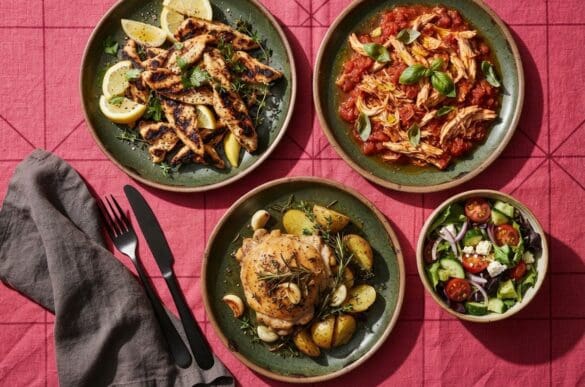 Três receitas com frango — grelhado com limão, desfiado ao molho de tomate e assado com ervas — em pratos verdes sobre toalha rosa