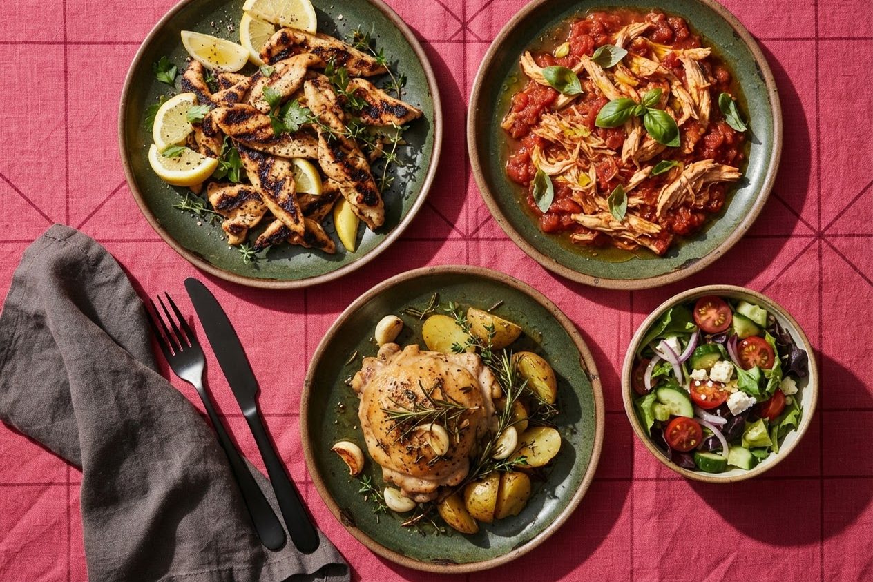 Três receitas com frango — grelhado com limão, desfiado ao molho de tomate e assado com ervas — em pratos verdes sobre toalha rosa