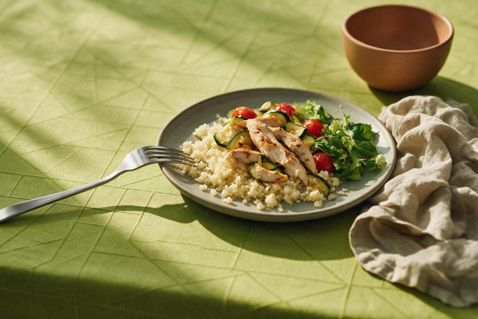 Prato verde com arroz de couve-flor, tiras de frango grelhado, abobrinha e tomate-cereja sobre toalha verde-limão