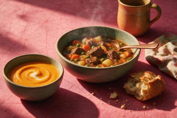 Tigela de ensopado de carne com legumes e creme de abóbora ao lado, pão rústico e caneca, sobre toalha rosa