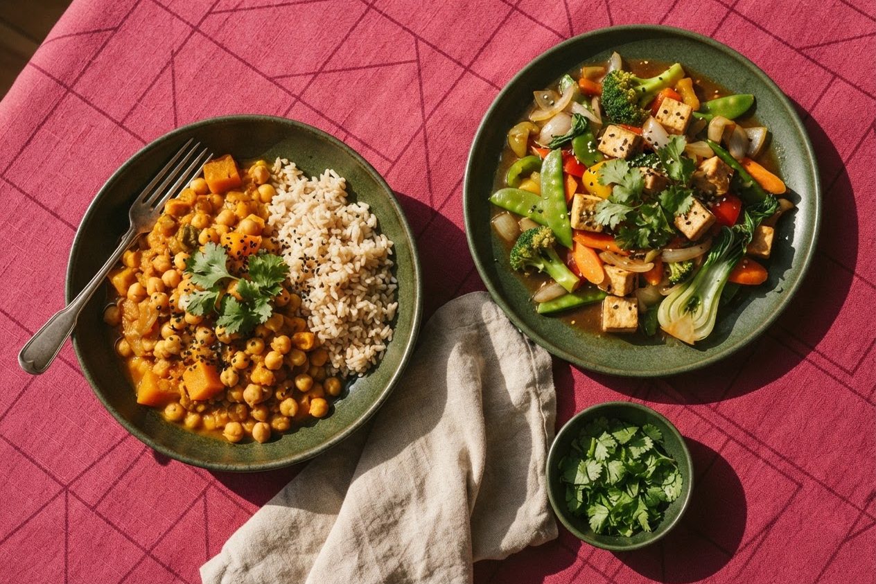 Duas receitas veganas — ensopado de grão-de-bico com abóbora e arroz, e legumes salteados com tofu — em pratos verdes sobre toalha rosa