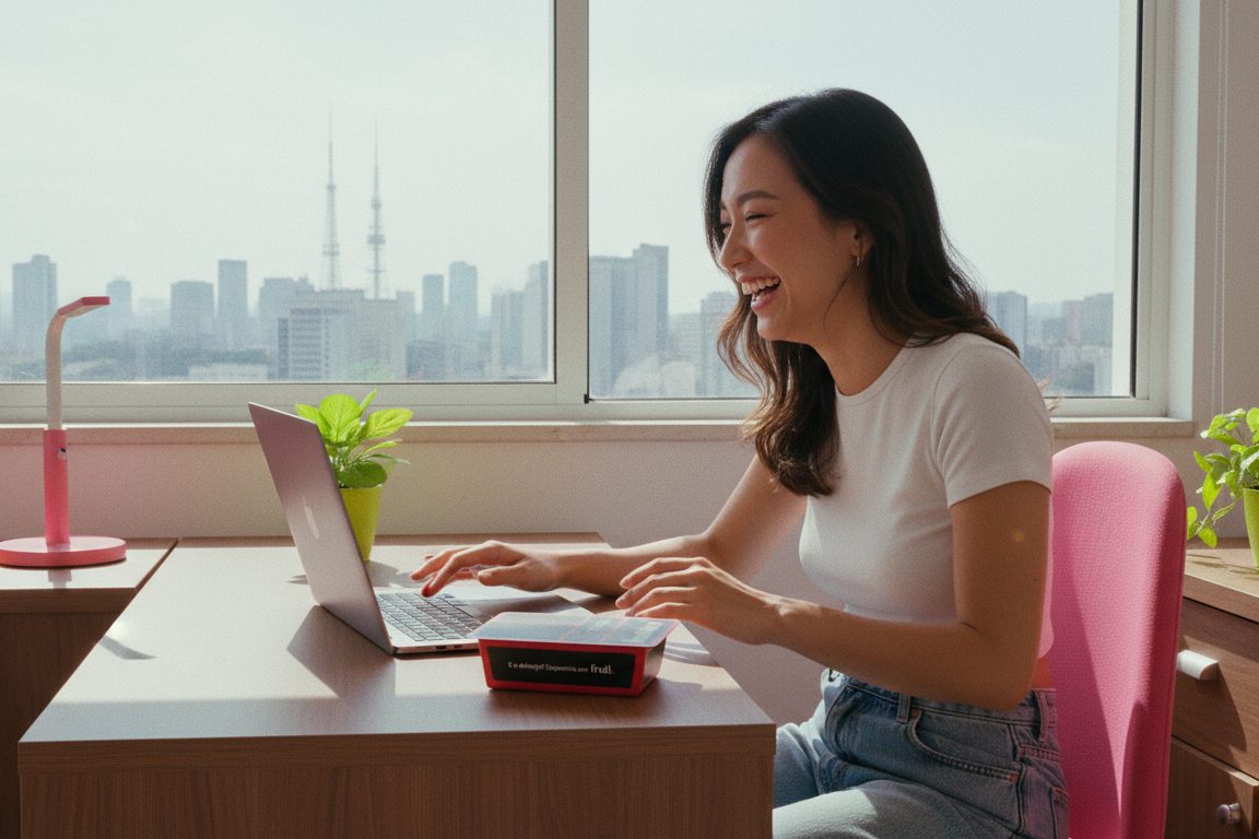 Mulher organizando a semana no notebook com uma marmita Frutifica sobre a mesa e vista da cidade