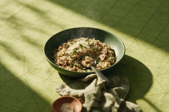 Tigela verde-escura de risoto de cogumelos com parmesão e salsinha, colher apoiada, sobre toalha verde-limão