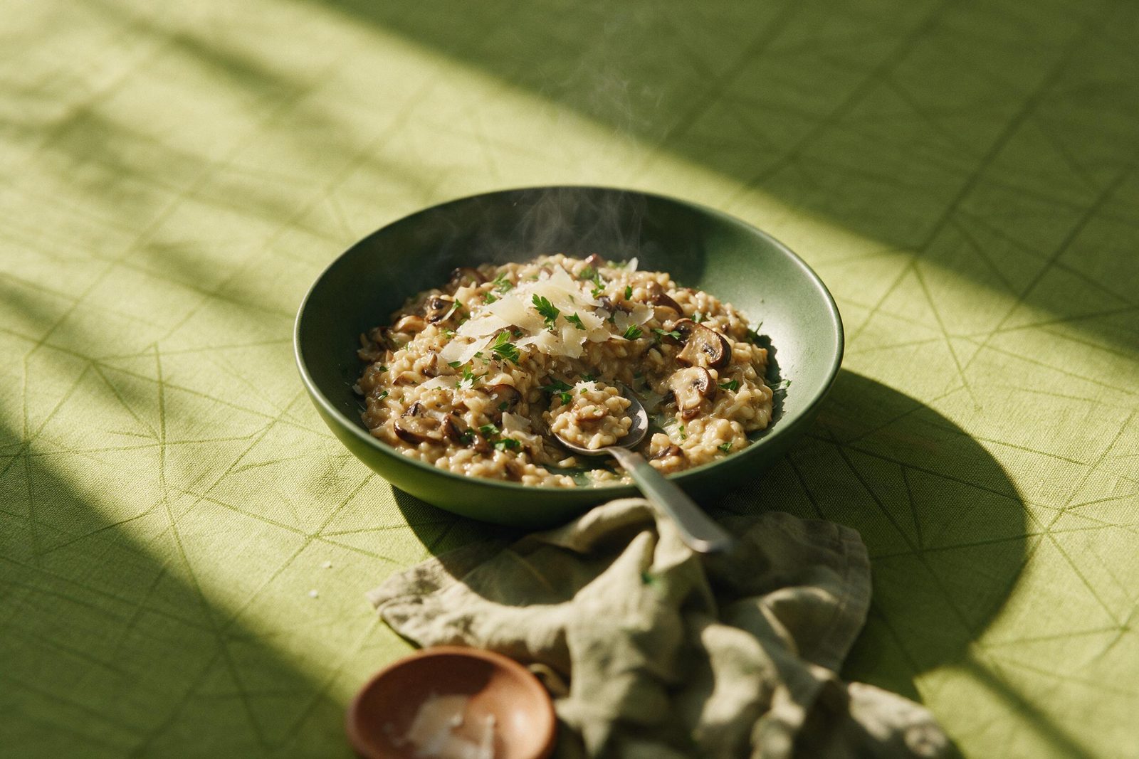 Tigela verde-escura de risoto de cogumelos com parmesão e salsinha, colher apoiada, sobre toalha verde-limão