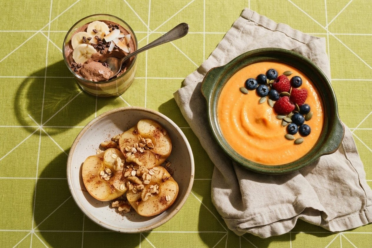 Sobremesas saudáveis — mousse de banana com cacau, maçã assada com canela e creme de mamão — sobre toalha verde-limão