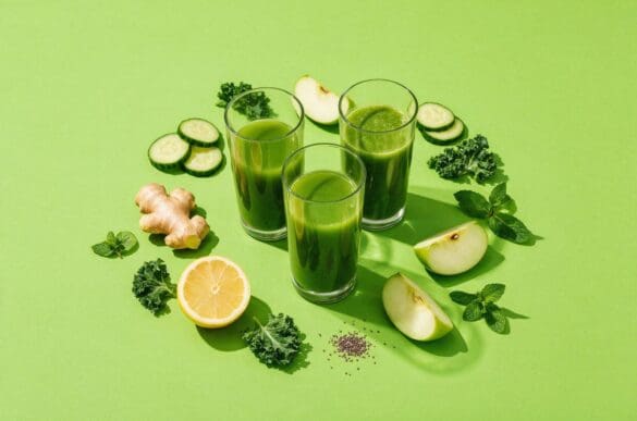 Três copos de suco verde detox cercados por pepino, gengibre, limão, couve, maçã verde e hortelã sobre fundo verde-limão