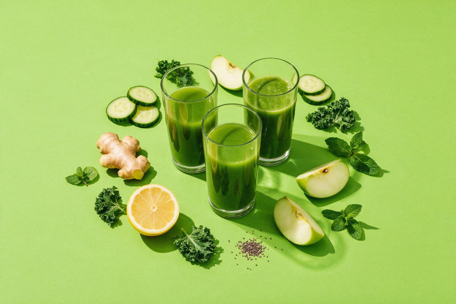 Três copos de suco verde detox cercados por pepino, gengibre, limão, couve, maçã verde e hortelã sobre fundo verde-limão