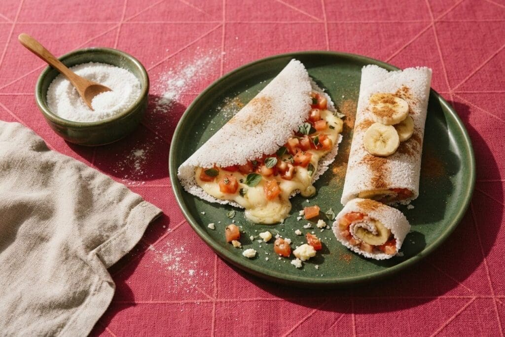 Tapiocas recheadas com queijo e tomate e com banana e canela em prato verde, ao lado de goma de tapioca, sobre toalha rosa