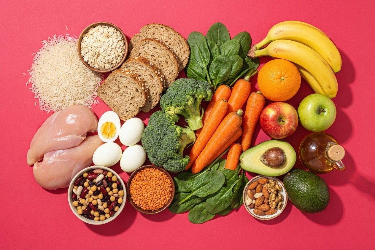 Os grupos alimentares reunidos — cereais, proteínas, legumes, frutas e gorduras boas — sobre fundo rosa