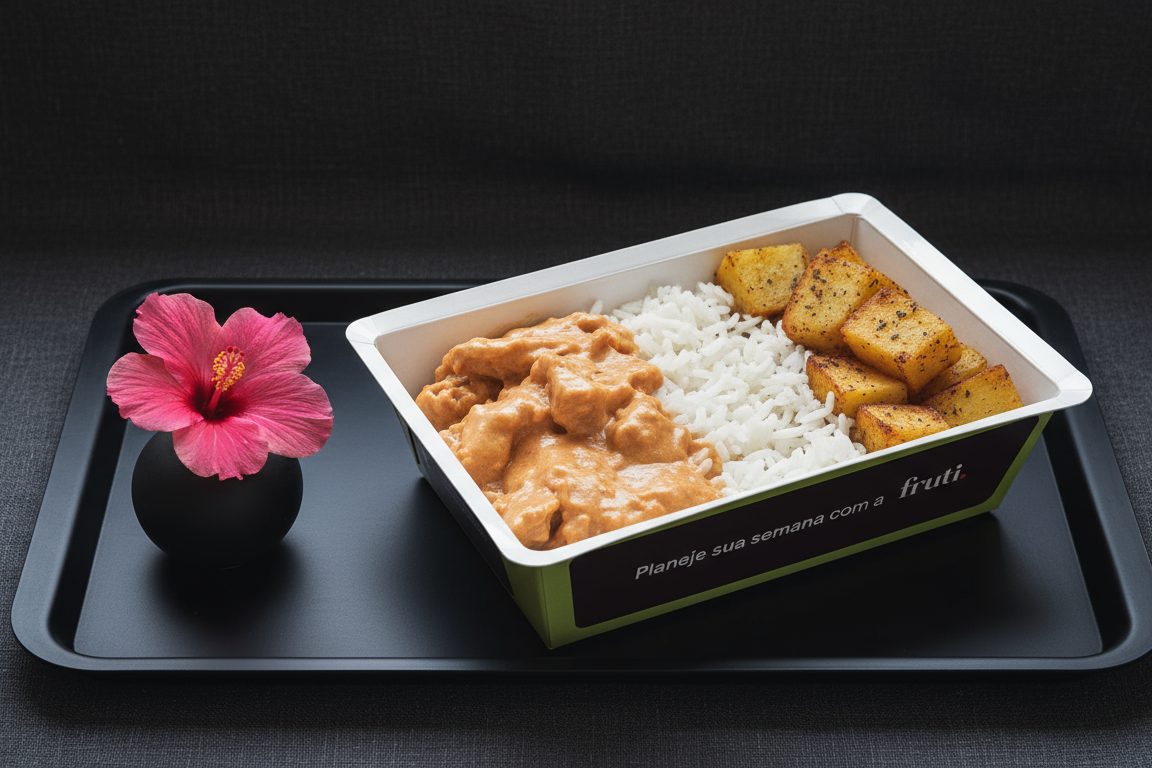 Marmita Frutifica servida em bandeja preta com uma flor ao lado