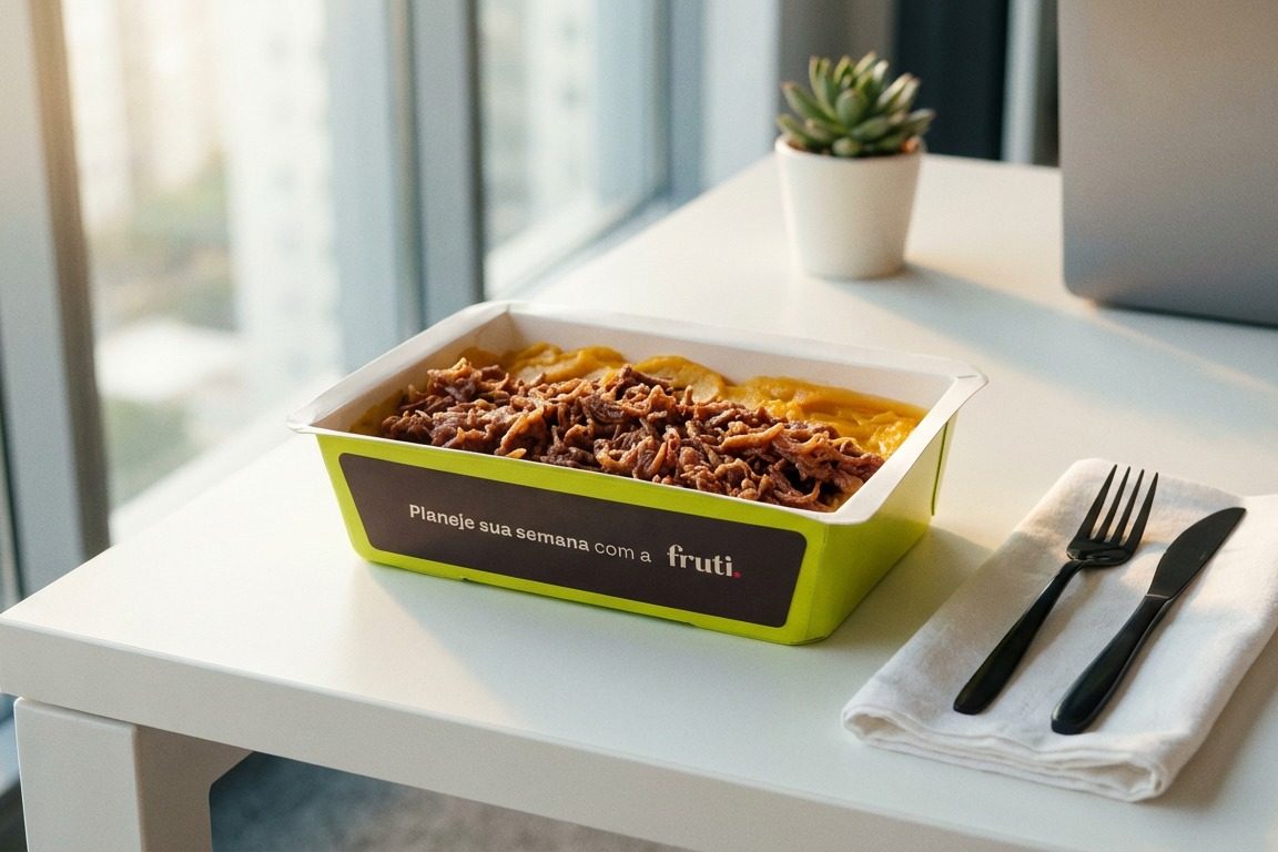 Marmita da Frutifica com carne desfiada sobre mesa de escritório, com talheres e guardanapo ao lado do computador
