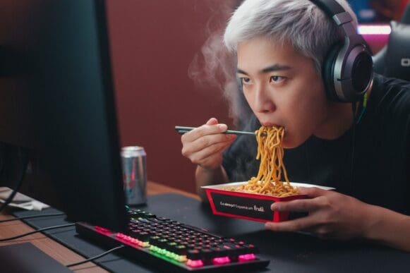Pessoa comendo macarrão de uma marmita da Frutifica em frente ao computador, à noite