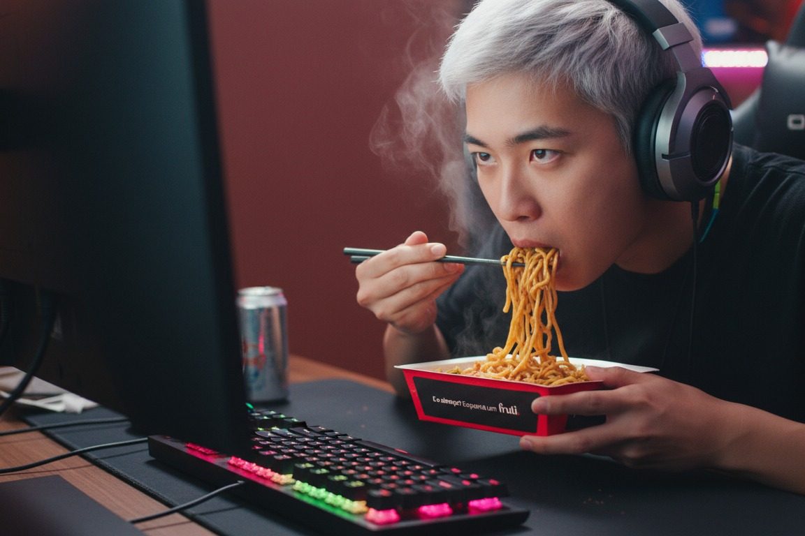 Pessoa comendo macarrão de uma marmita da Frutifica em frente ao computador, à noite
