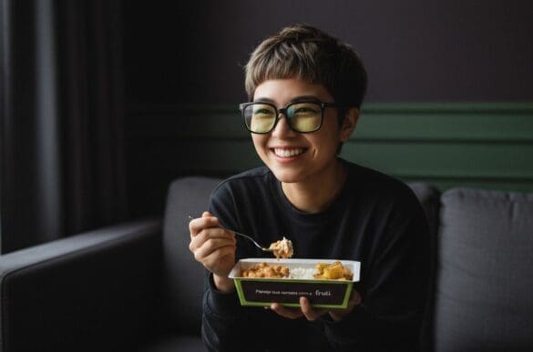 Mulher sorrindo no sofá, à noite, comendo uma marmita da Frutifica