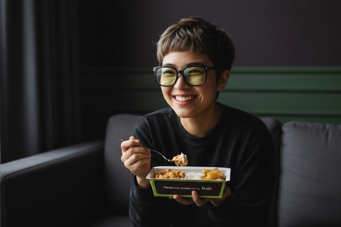 Mulher sorrindo no sofá, à noite, comendo uma marmita da Frutifica